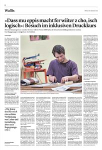 Bild vom Artikel im Walliser Bote vom 30.11.22 über den Besuch im Druckkurs. Link führt auf PDF zum Artikel.