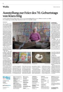 Bild und Link zum Artikel im Walliserbote vom 29.3.23 Ausstellung zur Feier des 70. Geburtstags von Klara Ittig