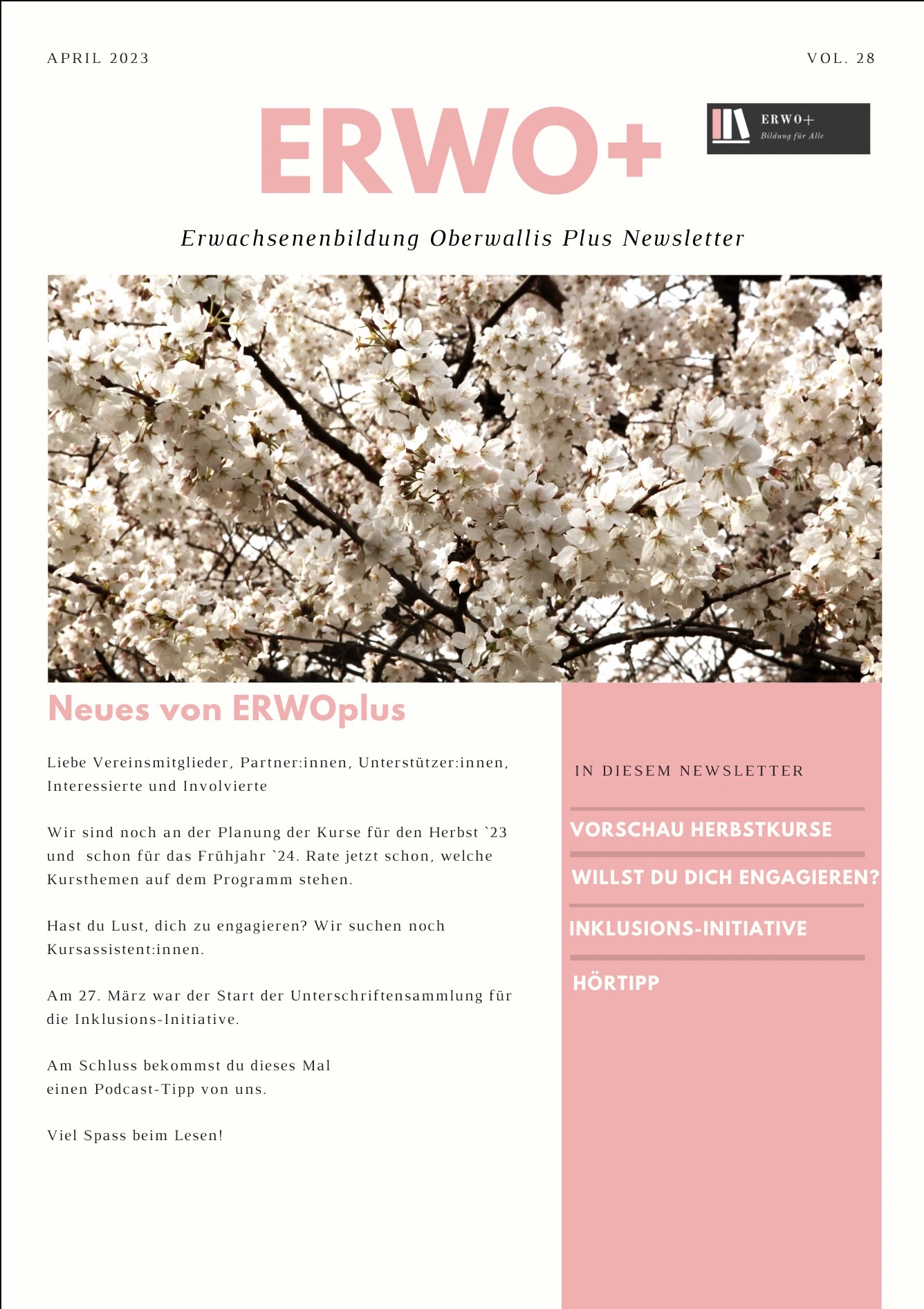 Auf dem Bild ist das Cover des Newsletters vom April 2023. Auf dem Titelbild ist ein blühender Kirschbaum zu sehen. Der Link führt direkt zum PDF des Newsletters.