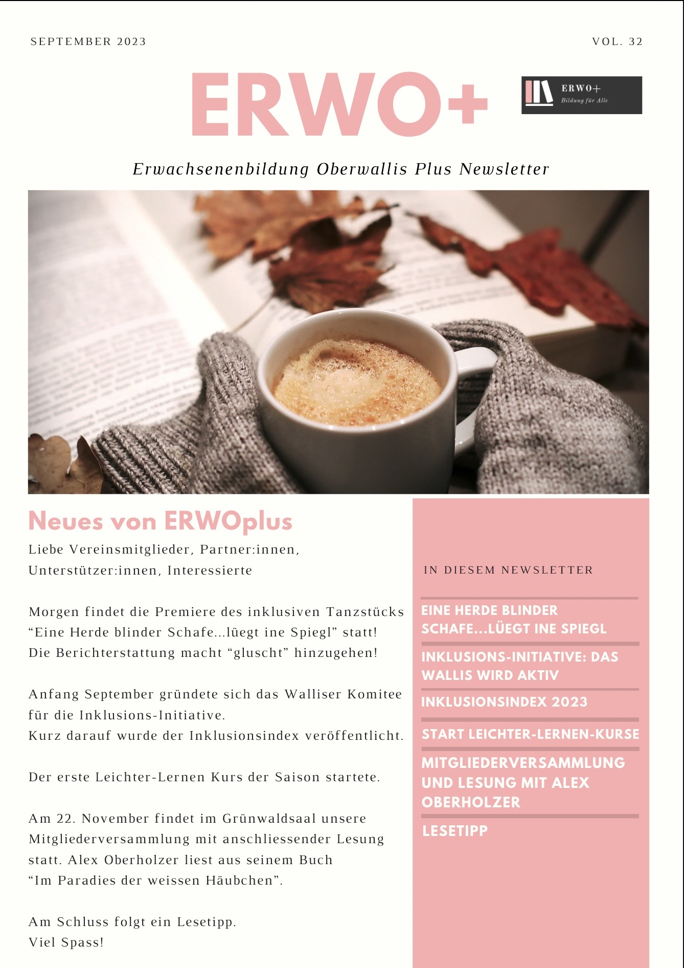 Dies ist das Coverbild vom Newsletter September 2023. Es zeigt eine Tasse Kaffee, ein Buch und die Ärmel eines Pullovers. Hinter dem Bild liegt der Link auf das PDF des Newsletters.