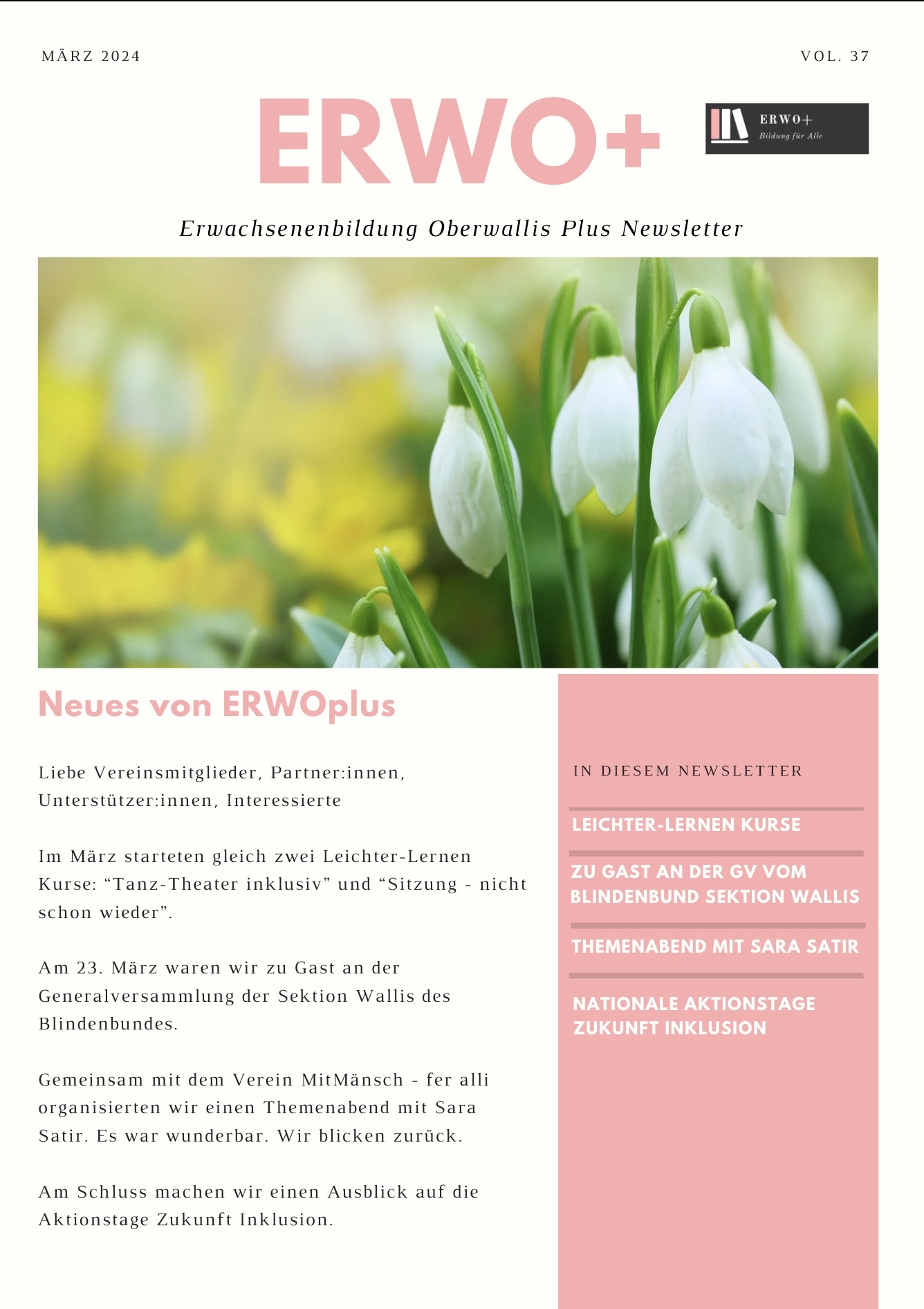 Das Bild zeigt das Cover vom Newsletter März 2024. Auf dem Bild sind weisse Tulpen zu sehen. Der Link führt zum PDF