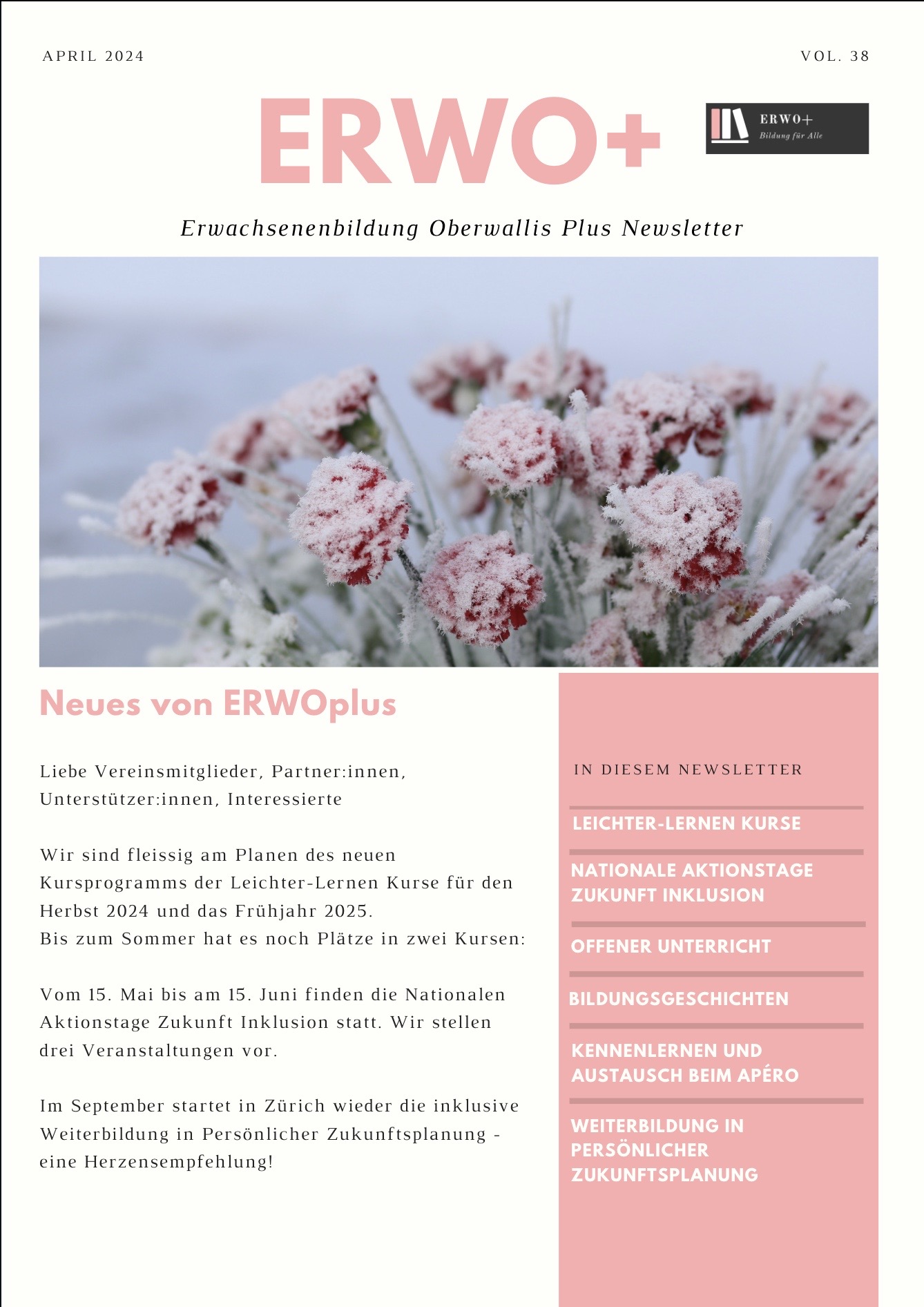 Coverbild Newsletter April 24. Auf dem Coverbild sind schneebedeckte Blumen zu sehen und das Editorial. Der Link führt zum PDF des Newsletters.