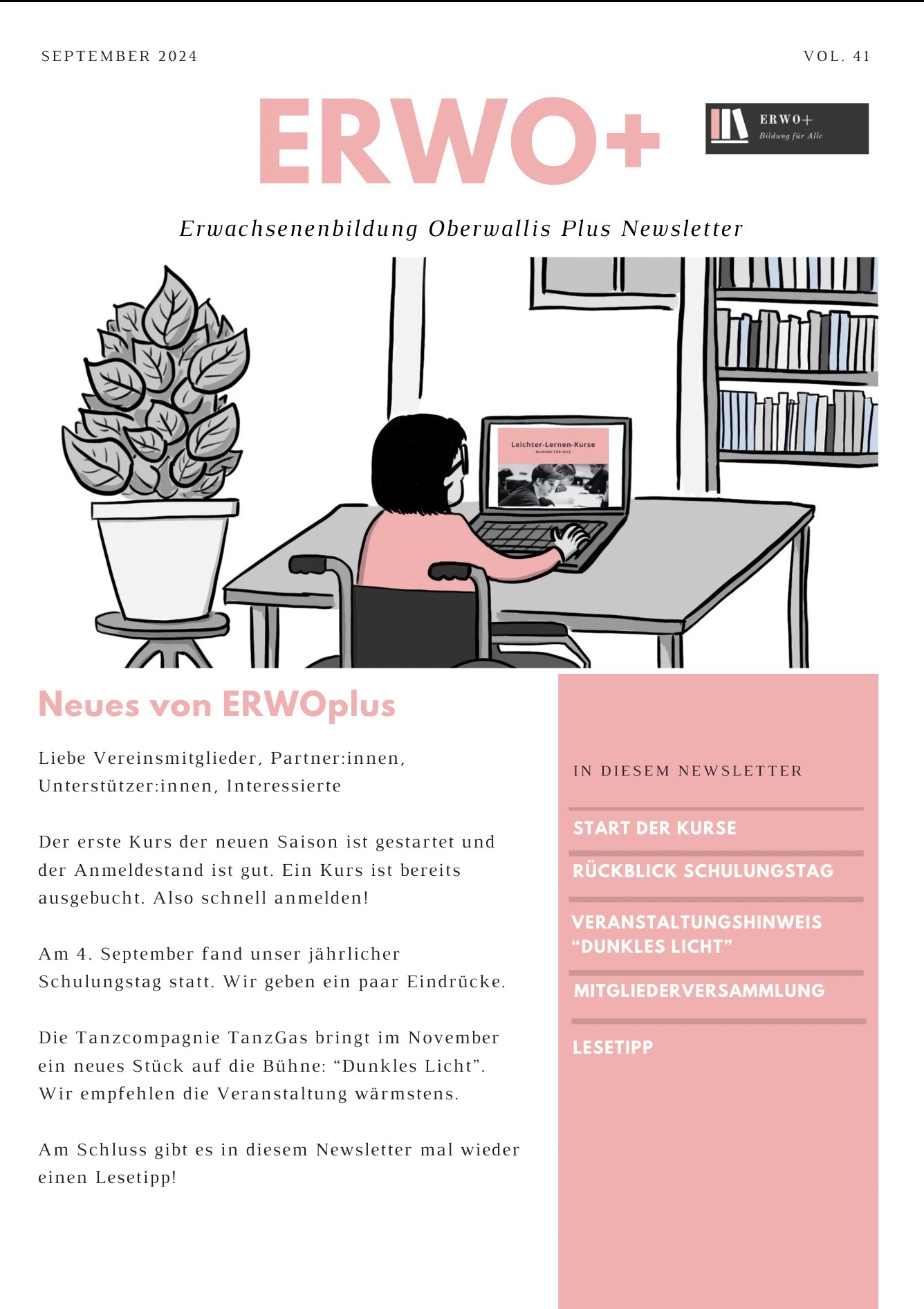 Coverbild vom Newsletter September. Es ist ein Comic zu sehen. Eine Frau sitzt mit ihrem Rollstuhl zuhause an ihrem Schreibtisch vor dem Laptop und schaut sich die Leichter-Lernen Broschüre an. Neben ihr ist eine Pflanze. Hinter ihr ist ein Bücherregal zu sehen. Der Link führt auf das PDF zum Newsletter.