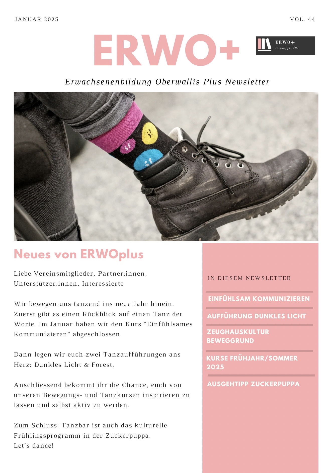 Coverbild vom Newsletter Januar 2025. Es ist ein Bild von einem Schwarzen Stiefel abgebildet. Darunter Socken mit dem Symbol der Inklusionsinititative. Über den Link gelangt man zum PDF des Newsletters.