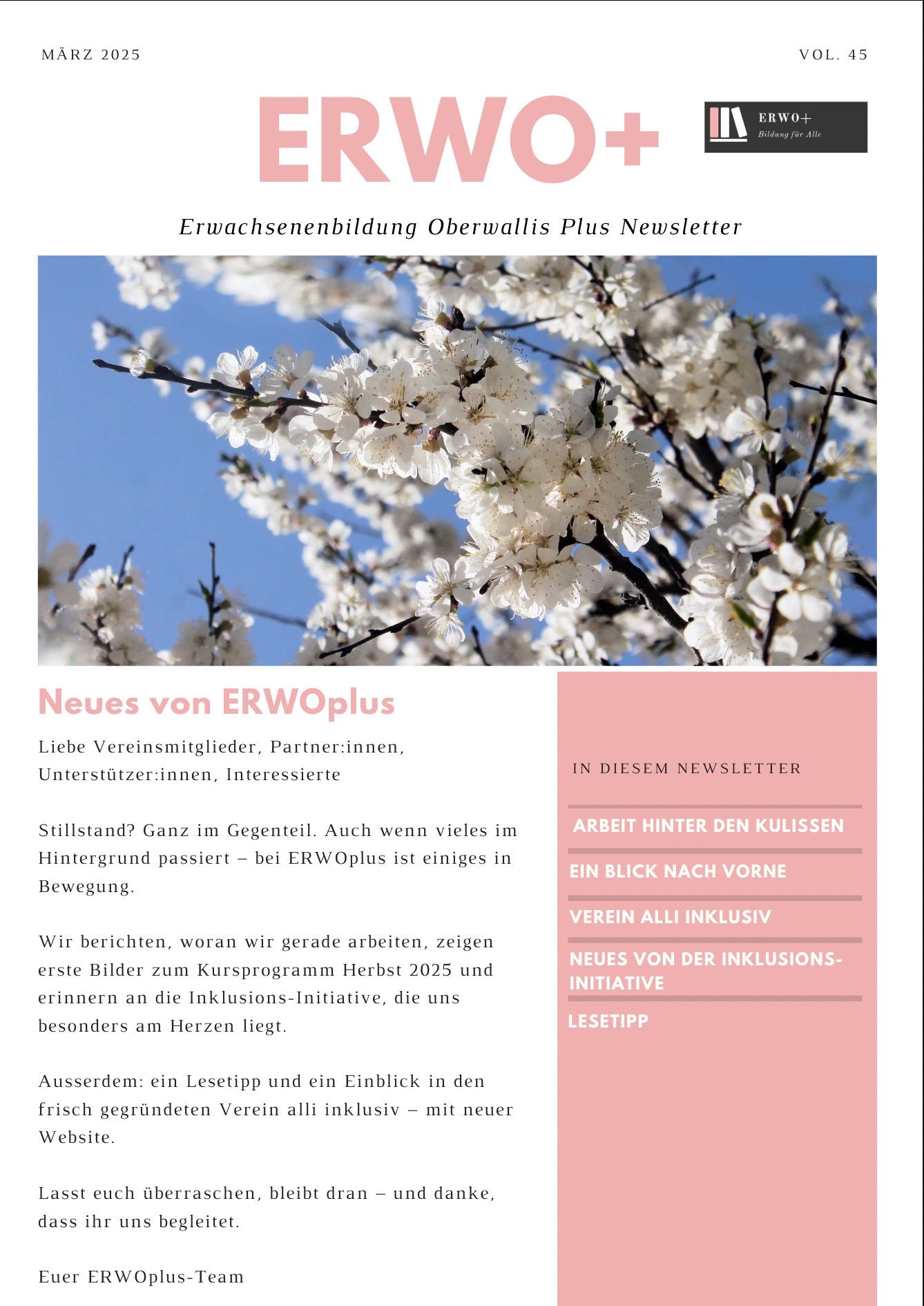 Coverbild Newsletter März 2025 mit Editoral und Bild eines Baumes mit Blüten. Link führt zum Newsletter