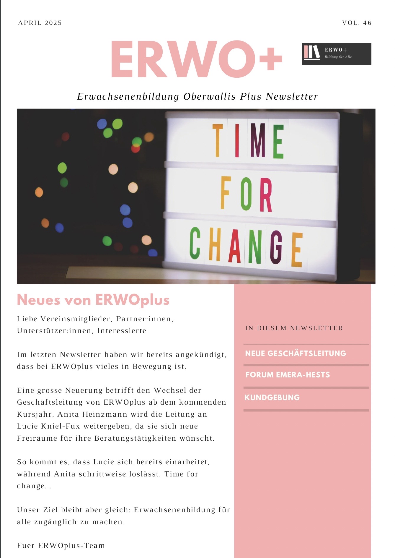 Coverbild Newsletter April. Schild mit Aufschrift "Time for Change" Link führt zum PDF des Newsletters.