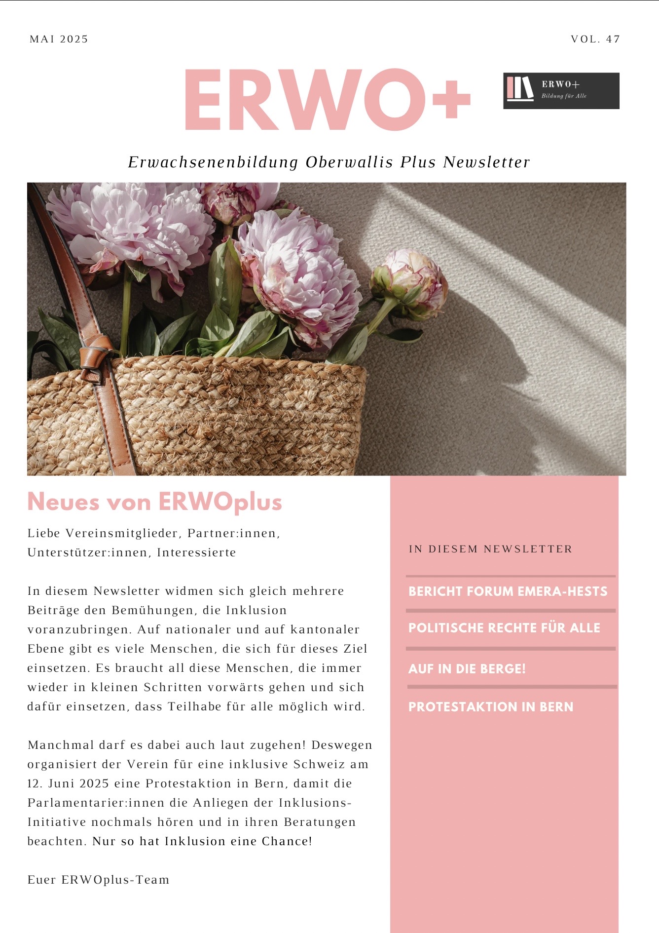 Cover Newsletter Mai 2025. Link zum PDF hinterlegt. Auf dem Bild sieht man das Editorial und ein Bild eines Korbes mit Pfingstrosen in lila Farbe.