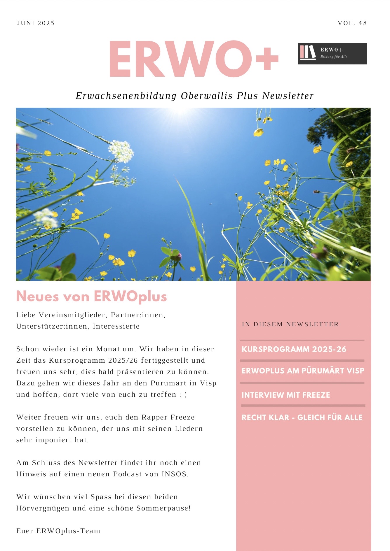 Coverbild Newsletter Juni. Zwischen Blumen sieht man von unten herauf einen blauen Himmel und Sonne. Es ist das Editorial abgebildet. Das PDF des Newsletters ist mit dem Bild verlinkt.