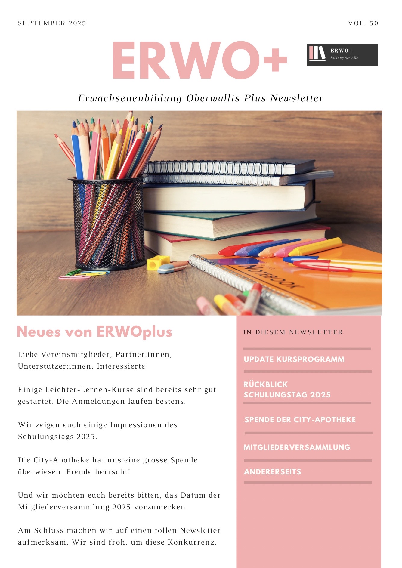 Coverbild Newsletter September. Abgebildet sind Hefte und Stifte auf einem Pult. Es ist das Editorial abgebildet. Das PDF des Newsletters ist mit dem Bild verlinkt.