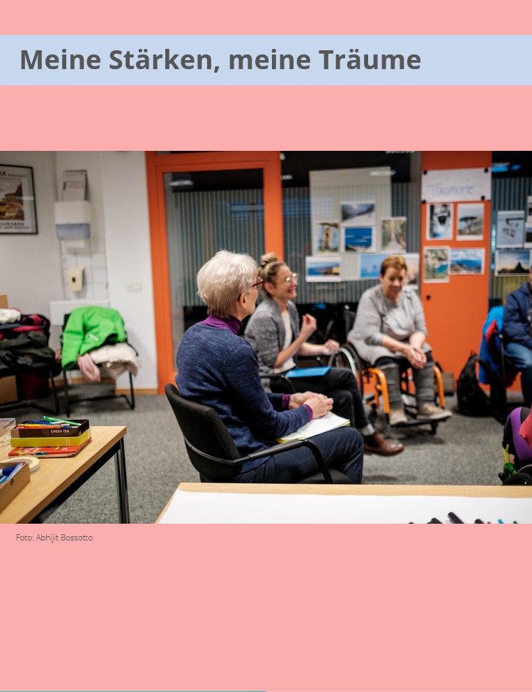 Illustration Foto Meine Stärken, meine Träume. Personen sitzen gemeinsam im Kreis und reden.